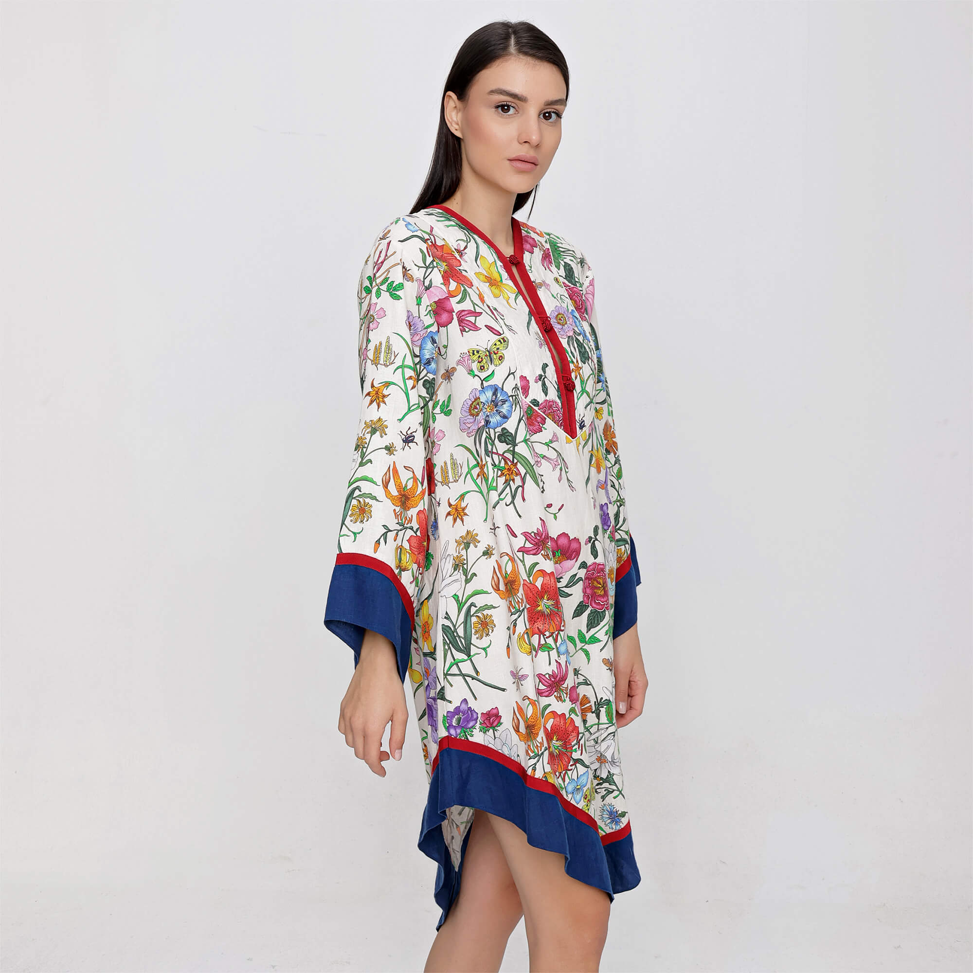 Gucci - Multicolour Linen Floral Print Navy Trim Kaftan